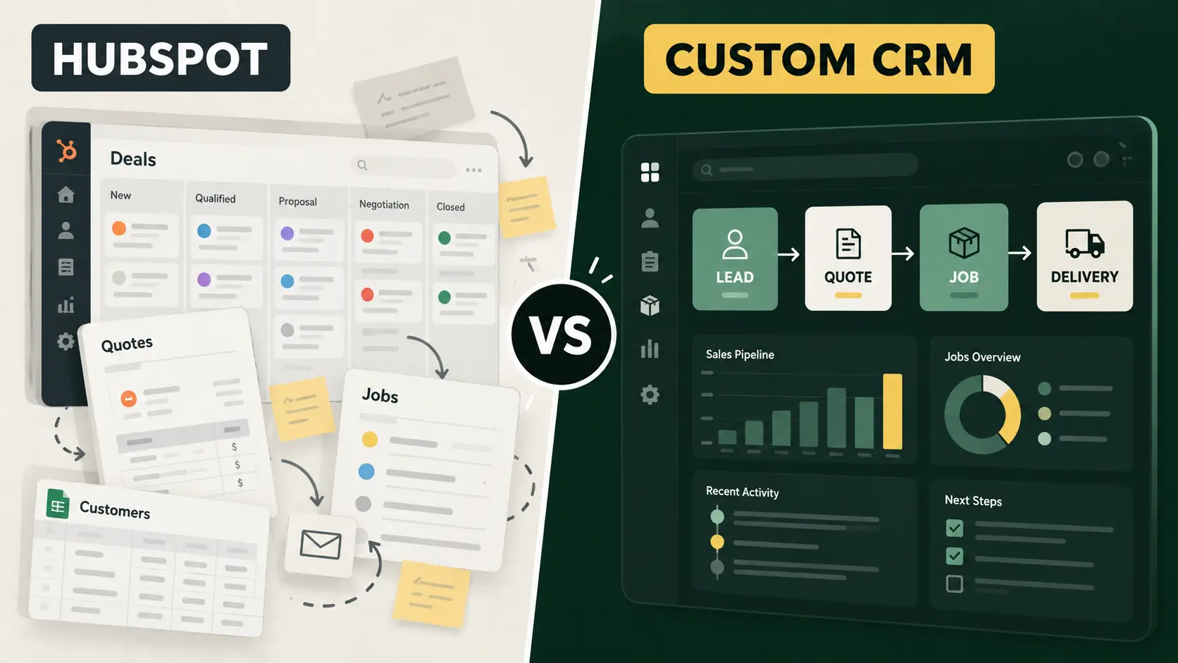 HubSpot's standard sales pipeline compared with a custom CRM workflow built around quotations, approvals, and bookings
